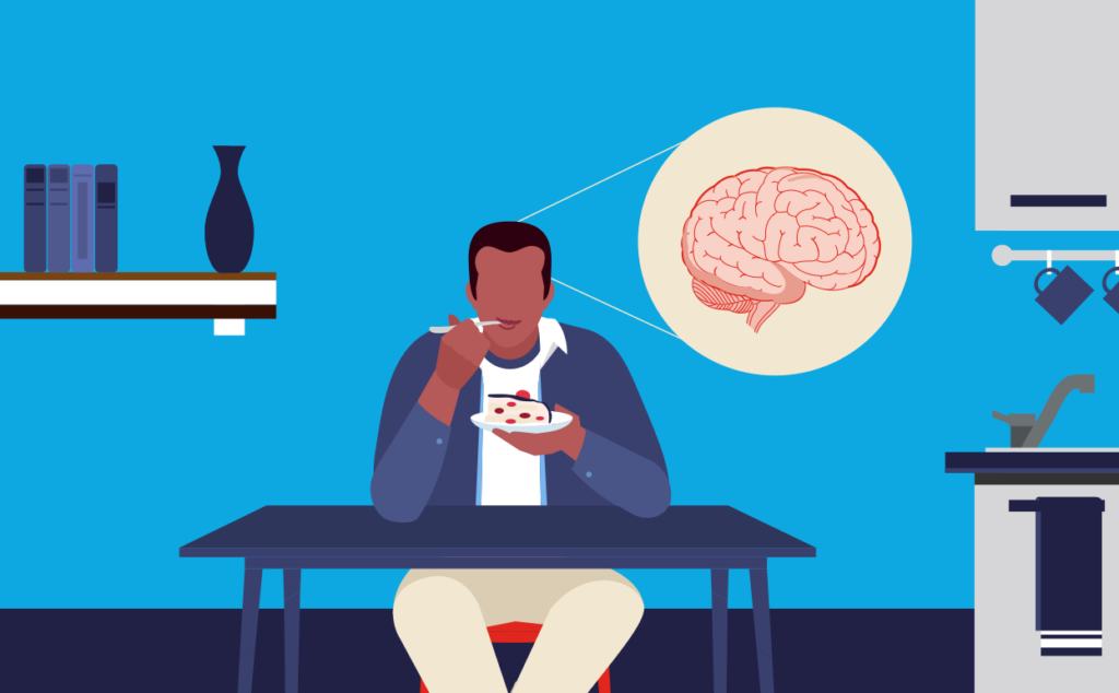 Illustration of someone eating cake with an image of a brain for emphasis